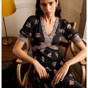 Boden Black Floral Midi Dress with Pink & Green Accents